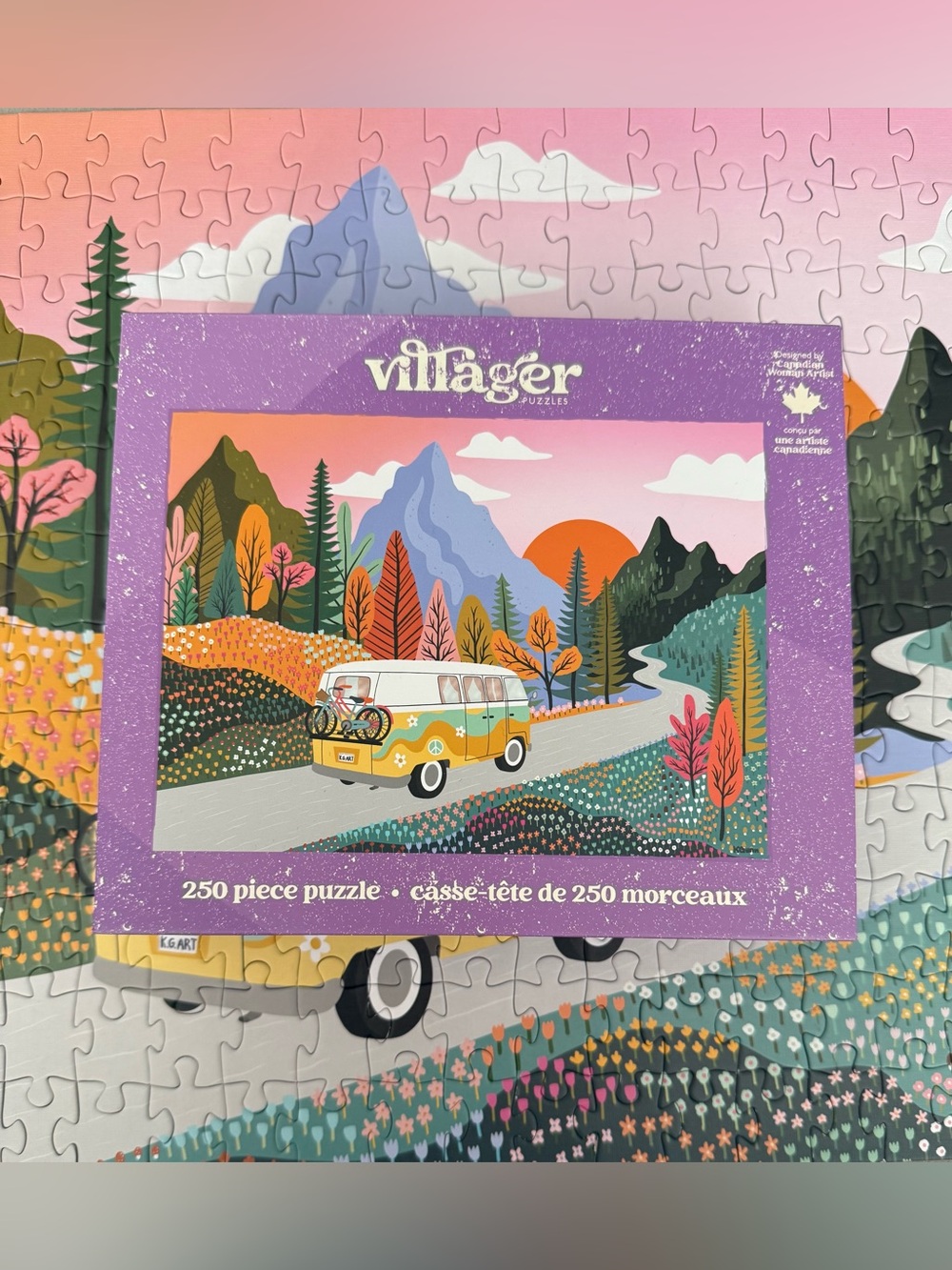 villager Retro Yellow & White Camper Van Puzzle with Scenic Mountain Art